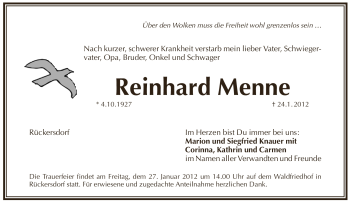 Traueranzeige von Reinhard Menne von Pegnitz-Zeitung
